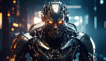 A very angry cybernetic humanoid robot with glowing orange eyes, set against a futuristic background, captured in a cinematic shot highlighting advanced technology, menace, and sci-fi intensity