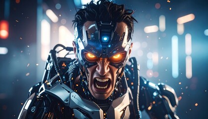 A very angry cybernetic humanoid robot with glowing orange eyes, set against a futuristic background, captured in a cinematic shot highlighting advanced technology, menace, and sci-fi intensity