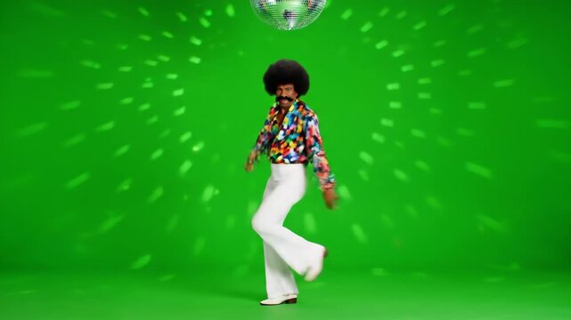 Disco Dancer 70s Green Screen - A man in a vibrant 1970s disco outfit dances against a green screen background, illuminated by disco ball reflections.