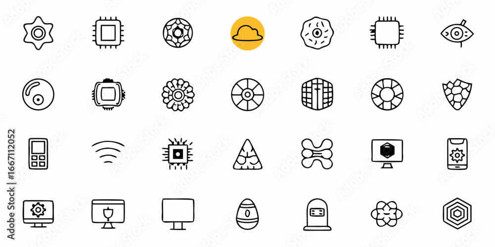 Poster dynamic collection of doodle style icons showcasing technology, abstract shapes, and computer relate