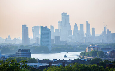 City of London at sunset, view from the Greenwich hill.