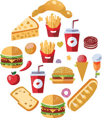 food, hamburger, sandwich, icon, fast, pizza, burger, vector, set, bread, breakfast, illustration, cake, drink, meal, cartoon, hot, hotdog, fast food, cheese, coffee, dessert, lunch, dog, fri