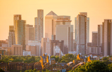 Canary Wharf, financial and business downtown in London at sunset,  view from the Greenwich hill.