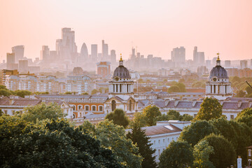 City of London at sunset, view from the Greenwich hill.