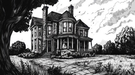 Obraz premium A monochrome illustration of a large house with trees and cloudy sky