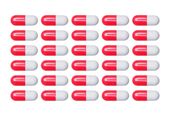 Rows of red and white pharmaceutical capsules isolated on transparent background