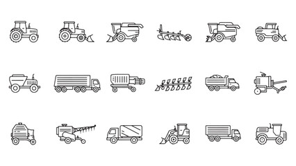 Vehicle agricultural forestry transport line icon set. Vector pictograms of skidder, trailer, irrigation, hose, seed, drill, grain, silage, fertilizer, livestock, thin linear illustration.