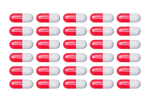 Rows of red and white pharmaceutical capsules isolated on transparent background