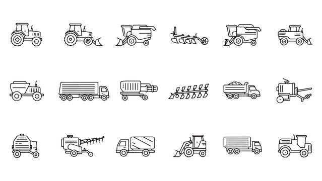 Vehicle agricultural forestry transport line icon set. Vector pictograms of skidder, trailer, irrigation, hose, seed, drill, grain, silage, fertilizer, livestock, thin linear illustration.