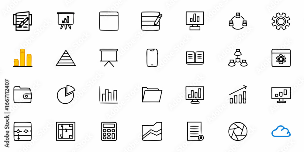 Poster dynamic business icon set for presentations and web design, a scalable graphic with a modern, hand-d