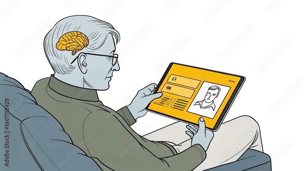 Poster ai assisted mental health a person analyzes data on a tablet with a visual representation of the bra
