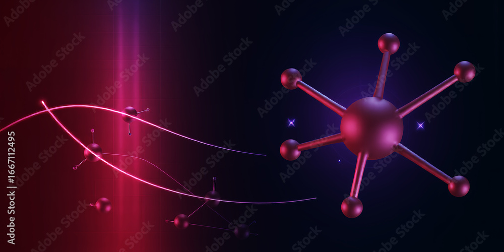 Poster abstract image showing several molecular structures with pink and purple lighting