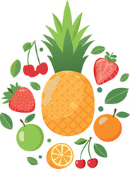 fruit, food, pineapple, apple, lemon, vector, orange, set, strawberry, illustration, fruits, banana, pear, cherry, watermelon, healthy, leaf, icon, collection, fresh, citrus, ripe, sweet, lime, grape