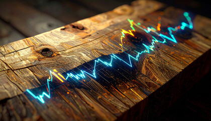 Stock Market Fluctuations on Wooden Canvas: A vibrant neon-like graph dramatically illustrates market fluctuations, its neon lines tracing peaks and troughs across the textured wooden surface.