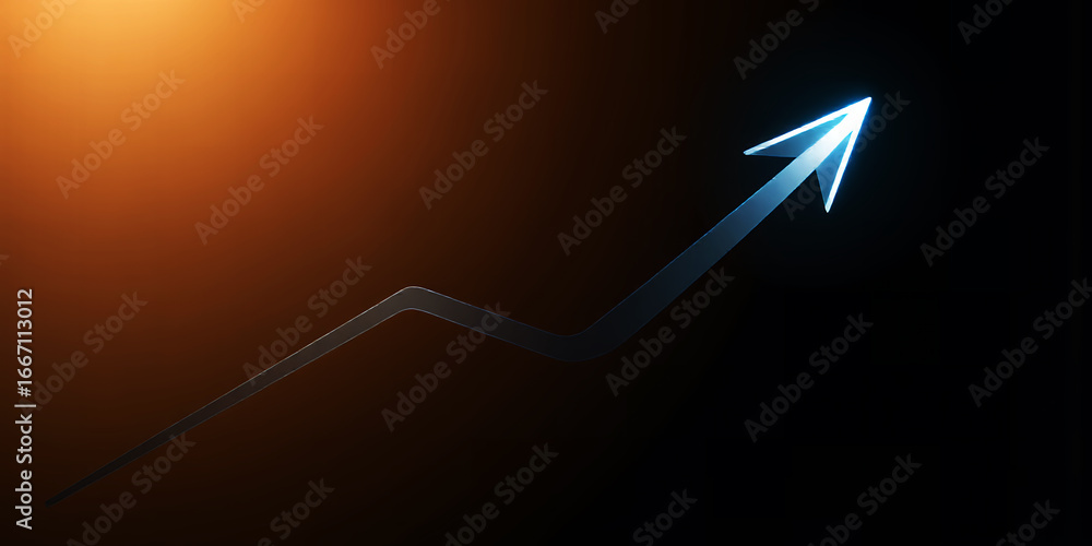 Aufkleber glowing arrow pointing upwards on a dark background with orange light source behind