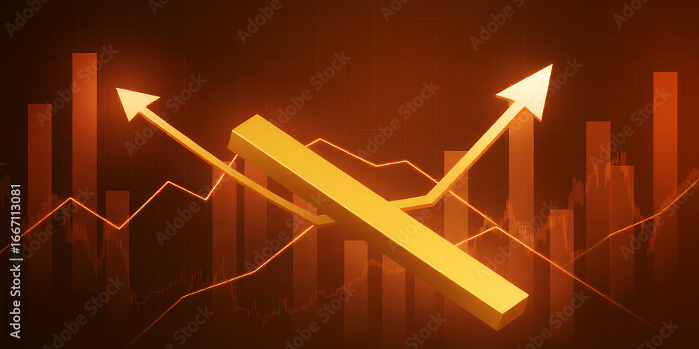 Poster golden bar in front of a rising line graph and bar graph on a brown background glow