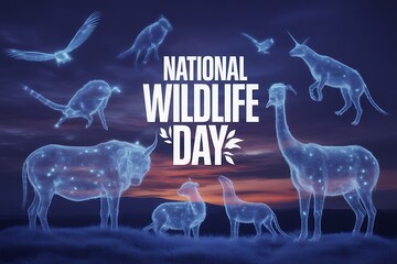 Celebrate National Wildlife Day with glowing animal silhouettes set against a vibrant sunset sky, perfect for conservation