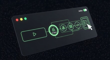 Digital workflow diagram illustrating a technological process with interconnected steps, from data input to software development and user interaction, representing business strategy and innovation