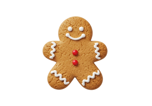 A delectable gingerbread man cookie, adorned with white icing swirls and red icing accents, is presented against a stark black background.