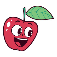 Happy cartoon apple character with big eyes and green leaf smiling brightly for healthy food concepts vector