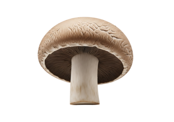 A close-up view of a single mushroom, showcasing its rich, earthy tones and detailed texture against a stark black backdrop.