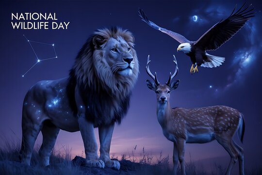 Majestic lion, deer, and soaring eagle under a starry night sky, celebrating National Wildlife Day