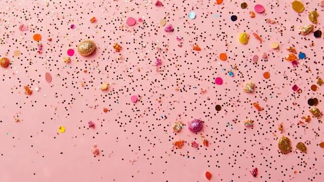 Colorful confetti scattered on a pink background