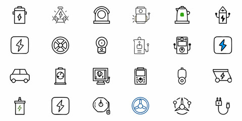 Eco-Friendly Energy Icons for Sustainability Projects, Modern Vector Style, Clean Electricity, Renewable Power, Green Tech, Electric Vehicle Charging Concept