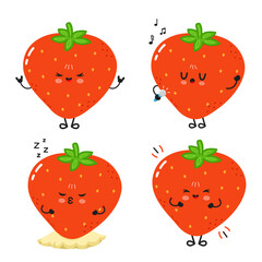 Cute cartoon strawberries with different facial expressions in a fun illustration.