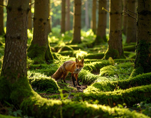 Fox in natural habitat standing calmly in sunlit mossy forest environment
