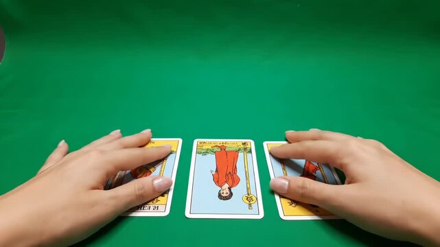 Hands Dealing Tarot Cards on Green Screen - Close-up view of hands shuffling and dealing tarot cards, specifically The Hanged Man card, against a vibrant green screen background.