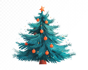 Vibrant watercolor fir tree with orange baubles and star, glowing winter festive decoration for seasonal packaging, cards, and holiday artwork. Vector illustration.