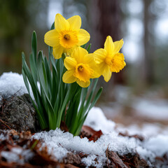 Naklejka premium Yellow daffodils blooming amidst melting snow in a forest.