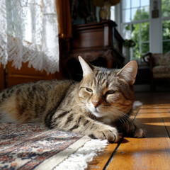 Tabby cat lounging in a sunlit room on a wooden floor.