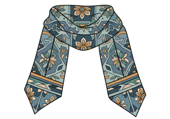 A stylized scarf design featuring intricate floral and geometric patterns in muted tones of blue and beige.