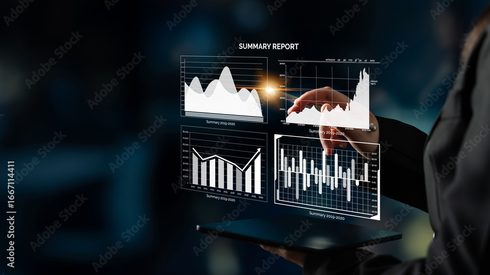Aufkleber a sleek digital summary report displays various interactive graphs, showcasing data insights and tre