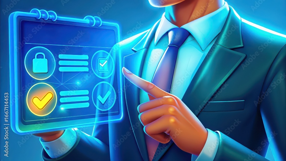 Poster ai driven legal tech a professional pointing at a digital checklist on a tablet, symbolizing organiz