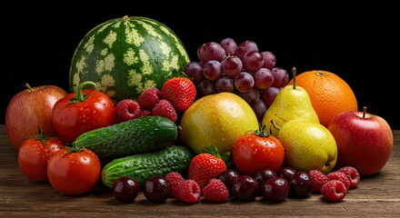 wet fruits and vegetables gathered on a black background