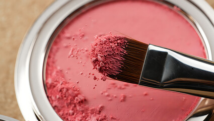 A makeup brush with pink powder blush is captured in a closeup shot, highlighting the texture and application of the cosmetic product