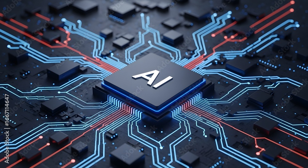 Aufkleber closeup view of a central ai processor on a complex circuit board, with glowing blue and red lines r