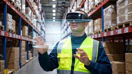 Warehouse worker utilizing augmented reality glasses for efficient inventory management - Powered by Adobe