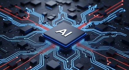 Closeup view of a central ai processor on a complex circuit board, with glowing blue and red lines representing data flow and connections, symbolizing advanced technology and artificial intelligence