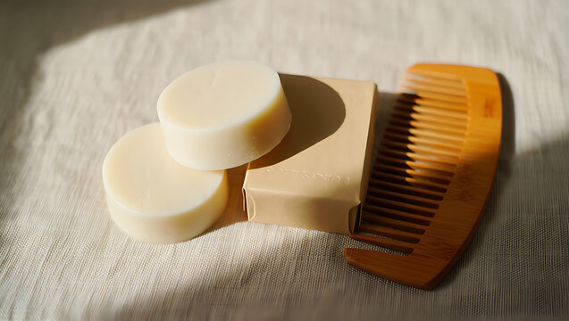 A set of solid shampoo bars and a wooden comb are neatly arranged on a textured fabric surface, bathed in soft, dappled sunlight