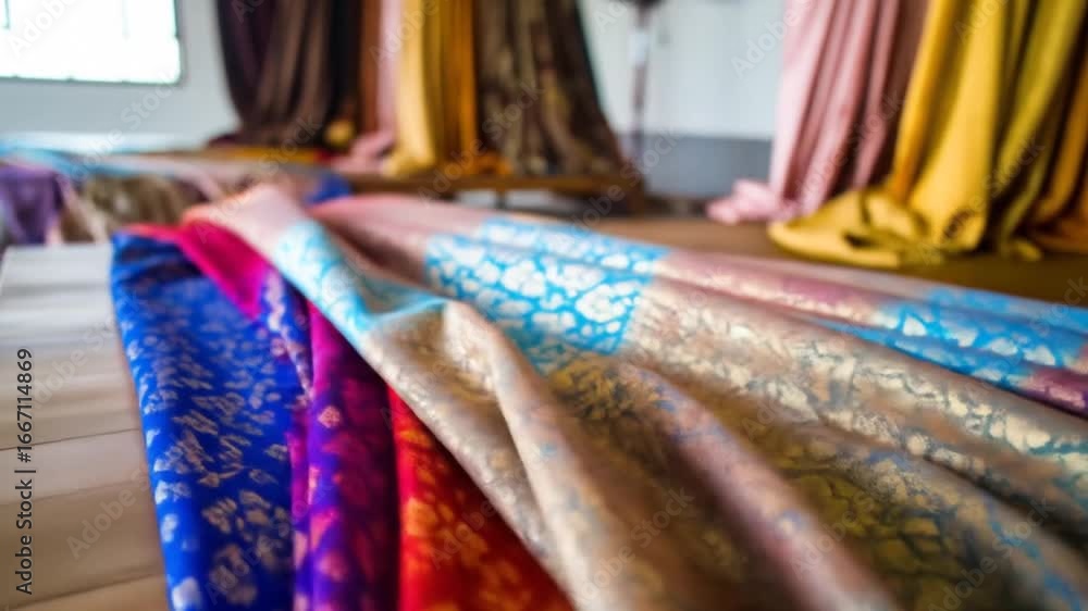 Poster colorful silk fabrics displayed on wooden platform creating a luxurious and elegant aesthetic with i