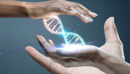 Hands Shielding DNA Helix: Two hands cradle and protect a glowing DNA helix, a symbol of life's blueprint, set against a soft, futuristic backdrop. 