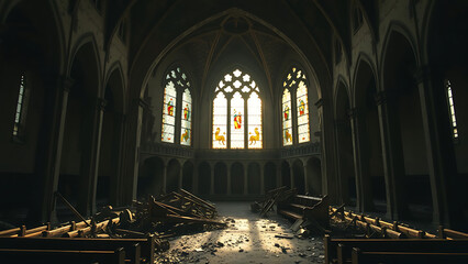 Obraz premium Sunlit Ruin Stained Glass and Debris in Abandoned Church Interior