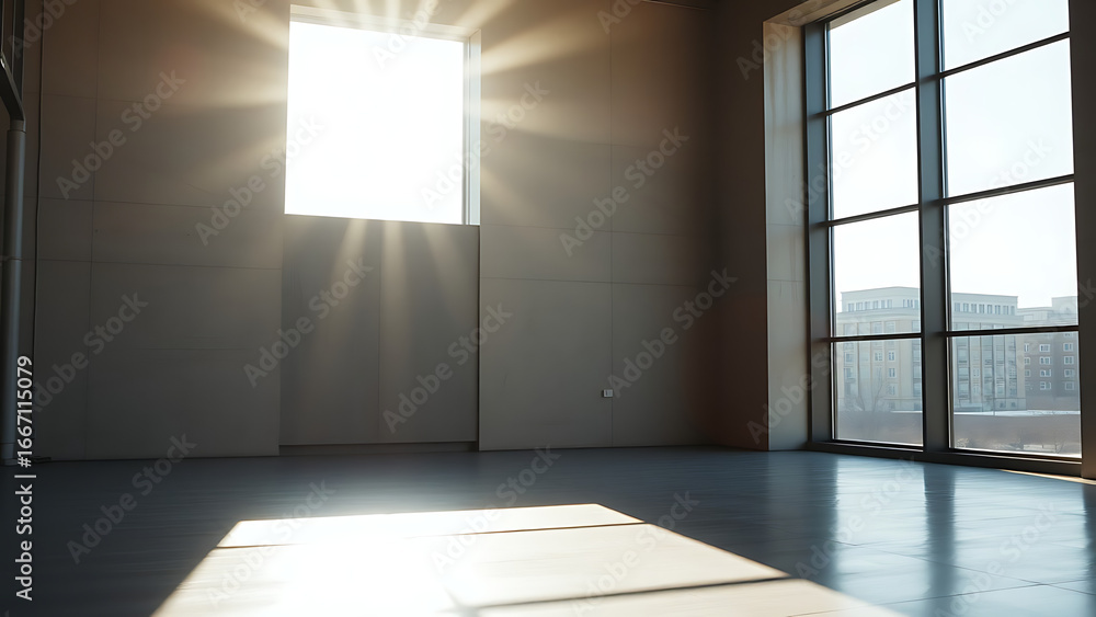 Poster sunlit empty room with concrete walls and large windows