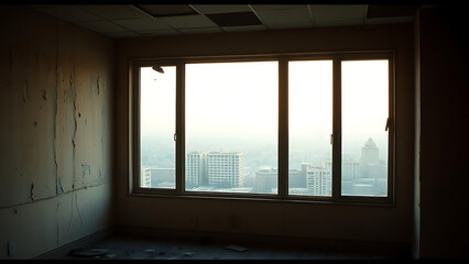 Fototapeta premium Sunlit Abandoned Room with Peeling Paint and City View