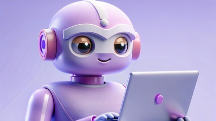 ai for digital nomads A friendly robot with headphones uses a laptop against a soft purple background.