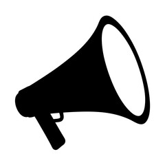 A simple black and white image of a megaphone on a white background